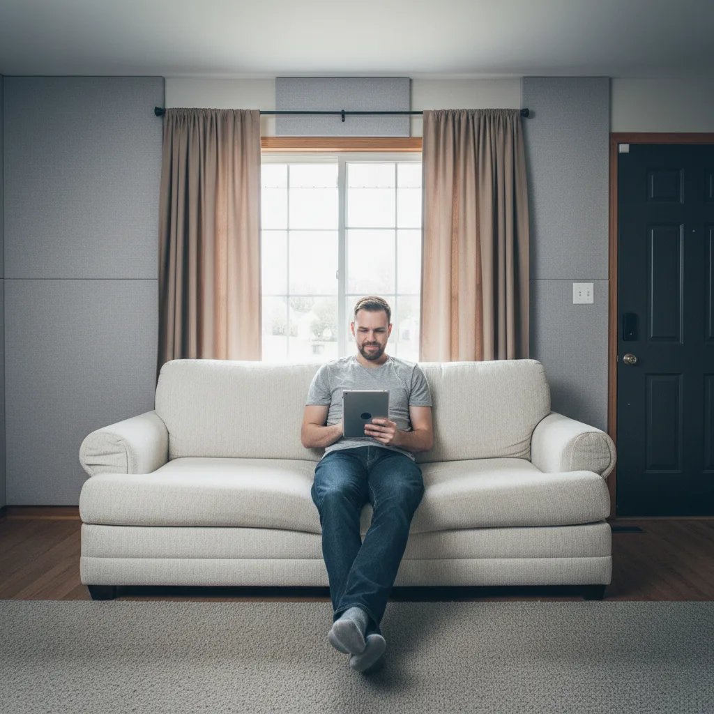 The same homeowner relaxes on a modern couch in a clean, professionally soundproofed living room with seamless walls and warm lighting, showing the calm result after bespoke soundproofing.
